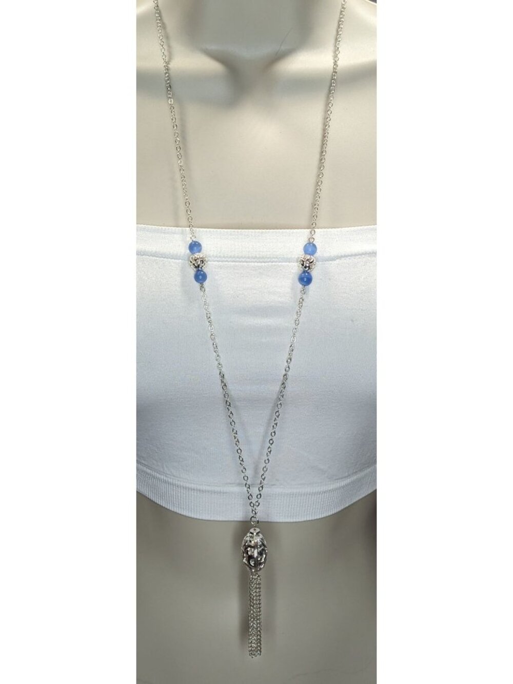 Art Deco Filigree Pendant Necklace Blue Silver Tassel Beaded Chain
